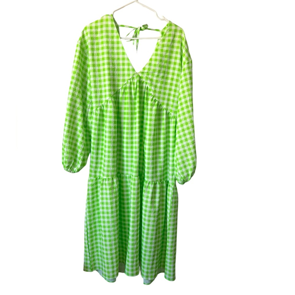 Nasty Girl Tiered Gingham Dress Tie Back Prairie Cottagecore Midi Green Sz 4
